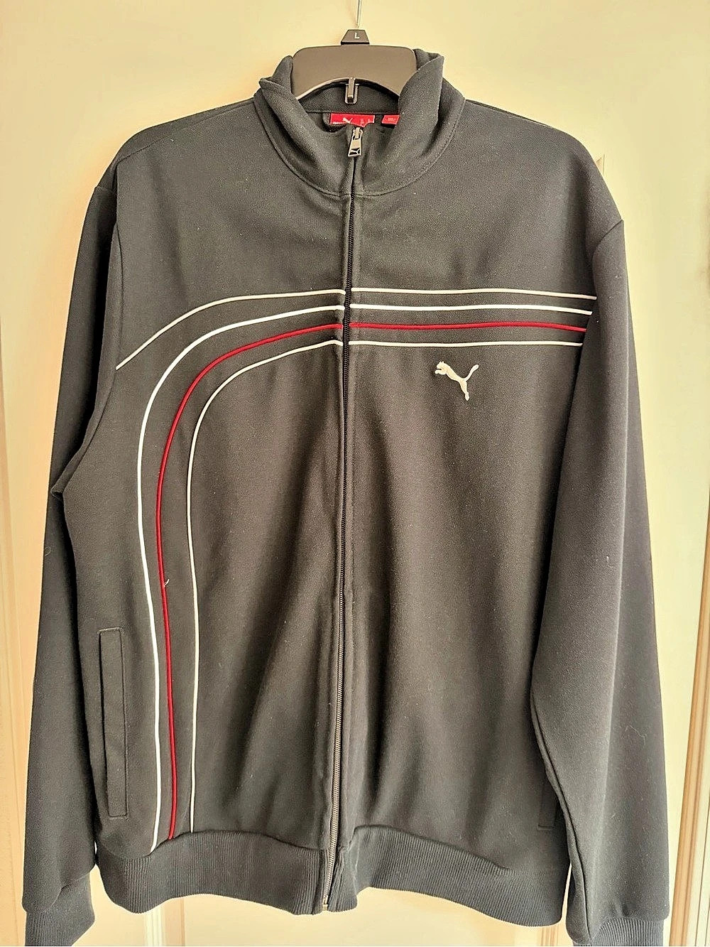 Puma Men’s Track Jacket, Black with Red White Gray Racing Stripes, Zip-Front